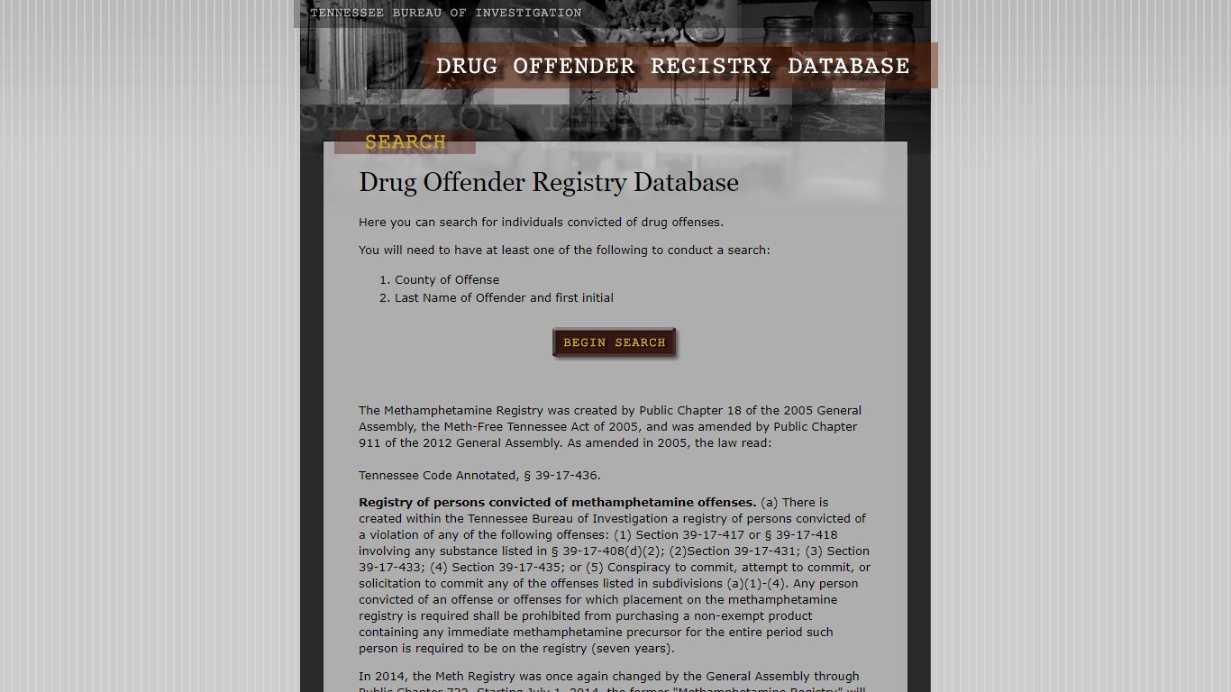 Tennessee Drug Offender Registry Database